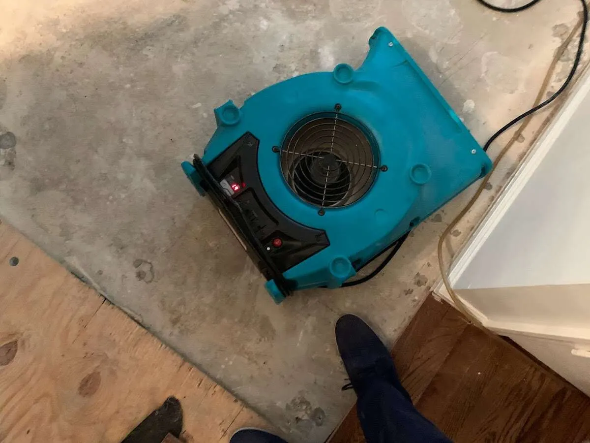 Air mover drying subfloor during Leak Detection & Repair in North Fair Oaks